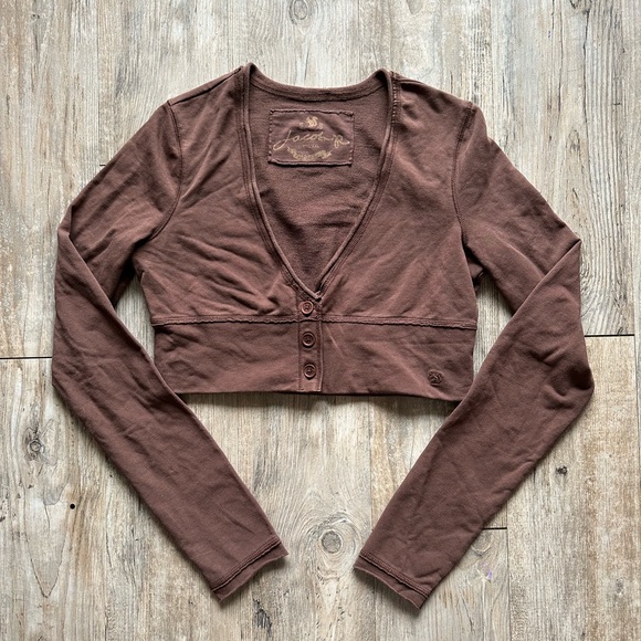 Brown long sleeve v neck open chest bottom down top - Picture 4 of 4
